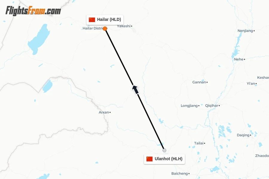 Flights from Ulanhot to Hailar route map