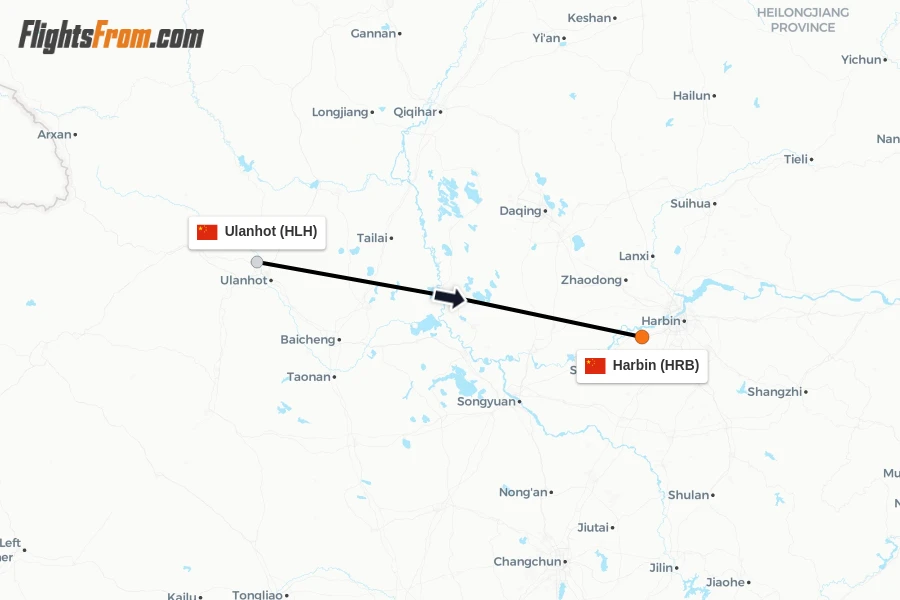 Flights from Ulanhot to Harbin route map