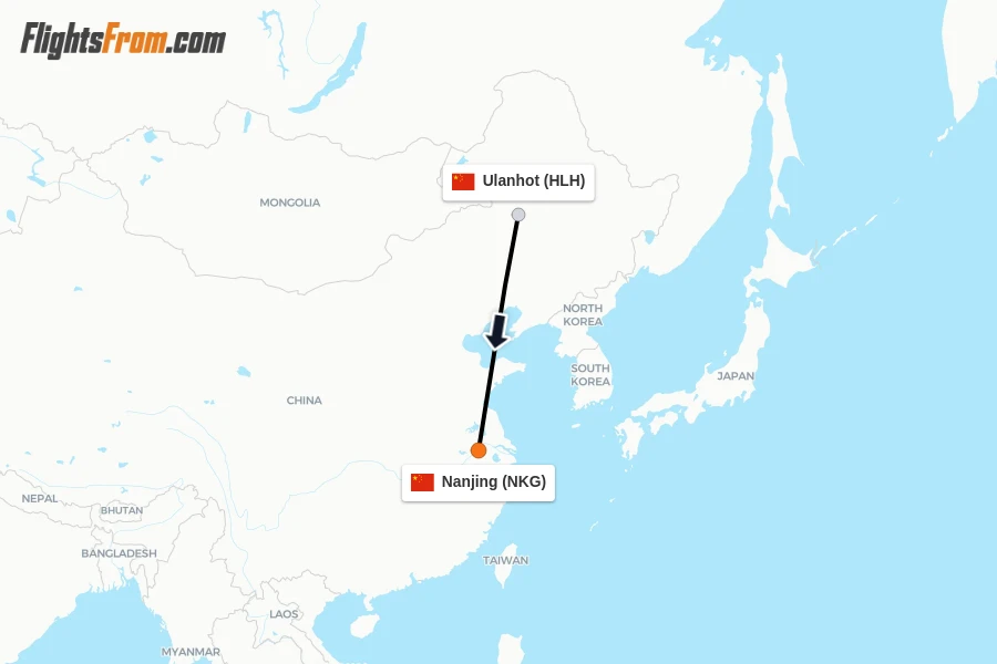 Flights from Ulanhot to Nanjing route map