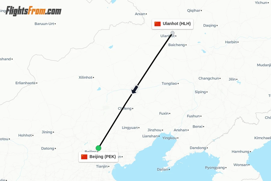 Flights from Ulanhot to Beijing route map