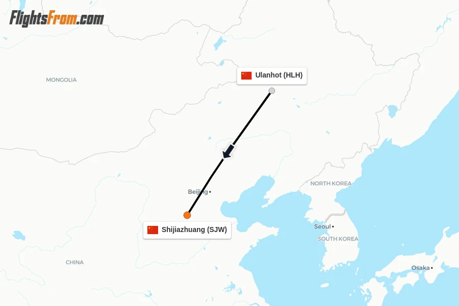 Flights from Ulanhot to Shijiazhuang route map