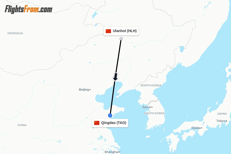 Flights from Ulanhot to Qingdao route map
