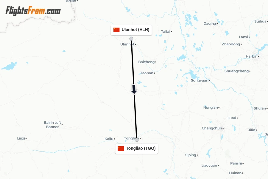 Flights from Ulanhot to Tongliao route map