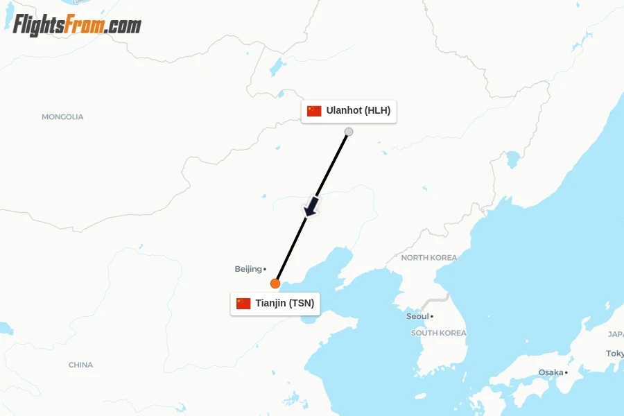 Flights from Ulanhot to Tianjin route map