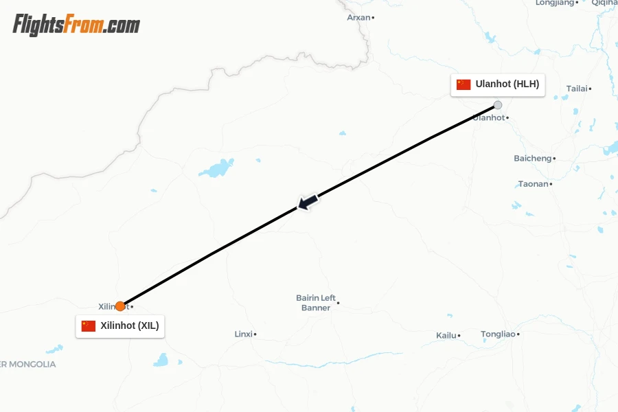Flights from Ulanhot to Xilinhot route map