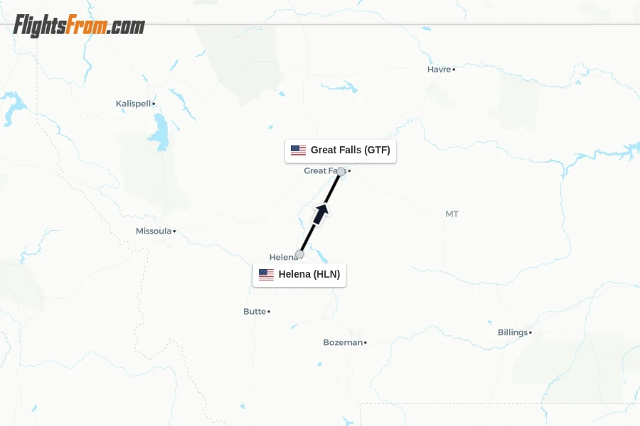 Flights from Helena to Great Falls route map