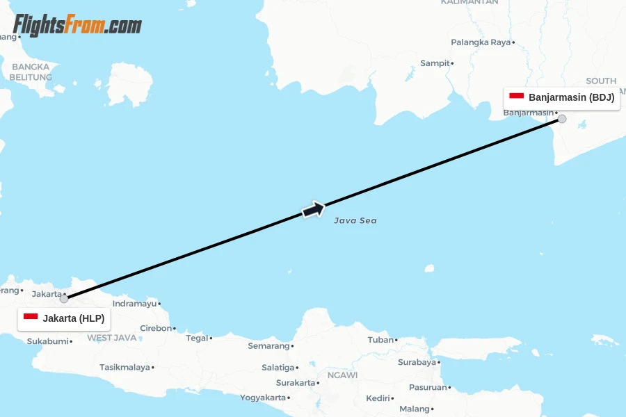 Flights from Jakarta to Banjarmasin route map