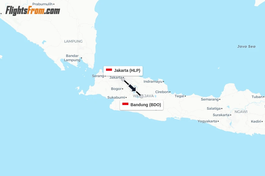 Flights from Jakarta to Bandung route map