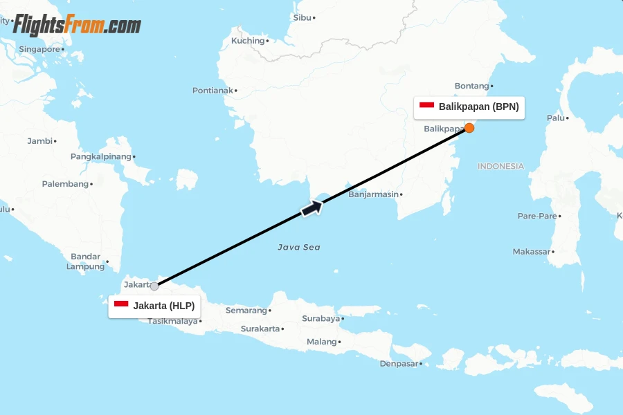 Flights from Jakarta to Balikpapan route map