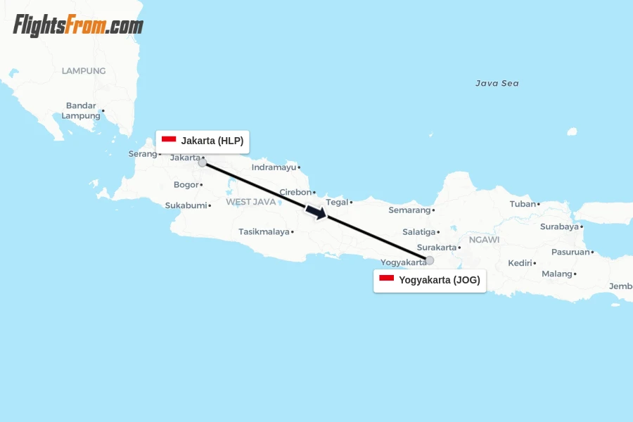 Flights from Jakarta to Yogyakarta route map