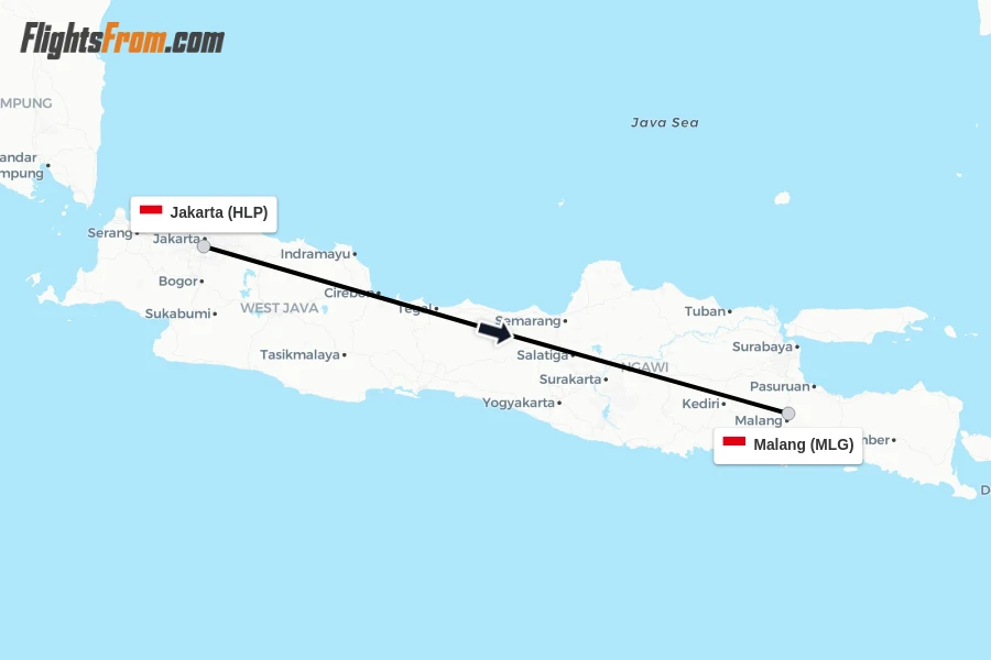 Flights from Jakarta to Malang route map