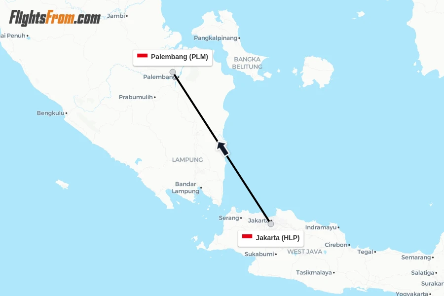 Flights from Jakarta to Palembang route map