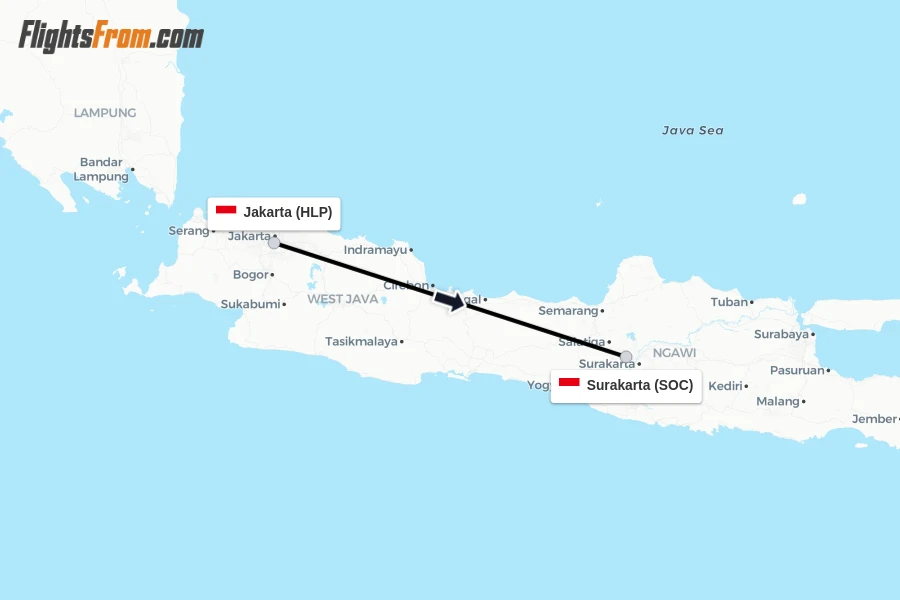 Flights from Jakarta to Surakarta route map