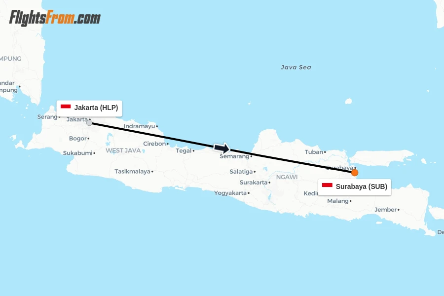 Flights from Jakarta to Surabaya route map