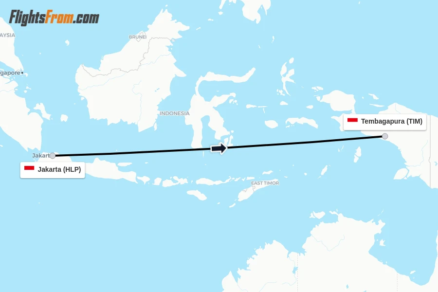Flights from Jakarta to Tembagapura route map