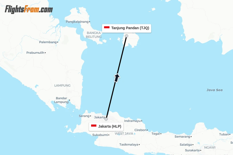 Flights from Jakarta to Tanjung Pandan route map
