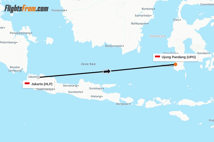 Flights from Jakarta to Ujung Pandang route map