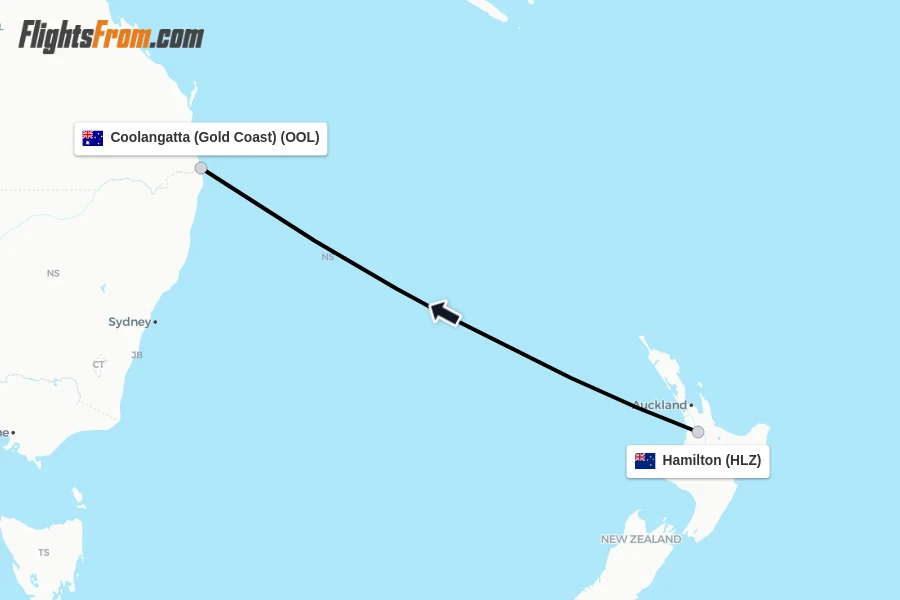 Flights from Hamilton to Coolangatta (Gold Coast) route map