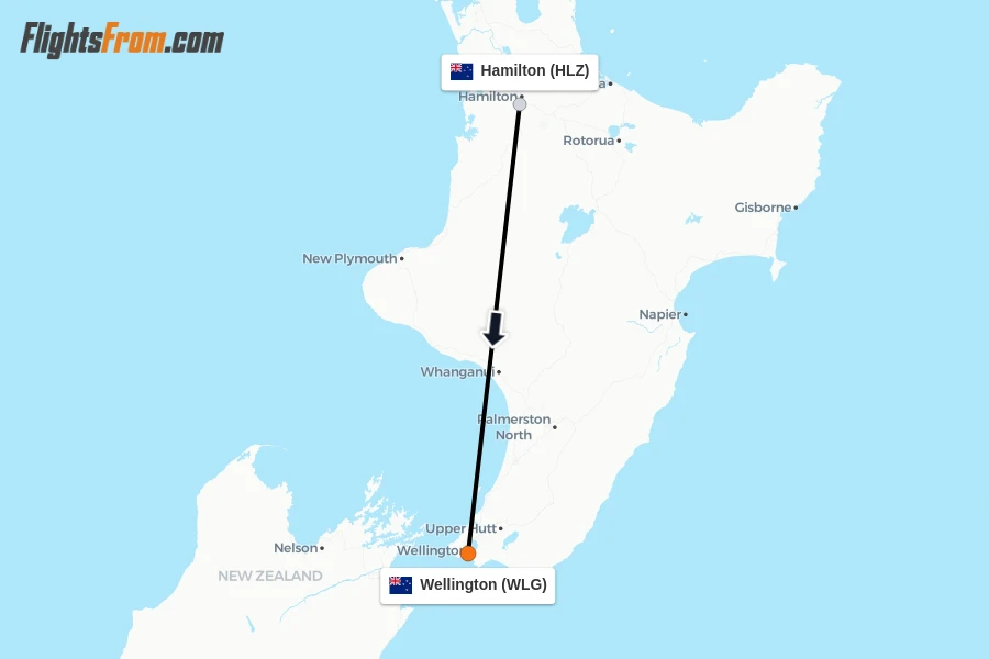 Flights from Hamilton to Wellington route map