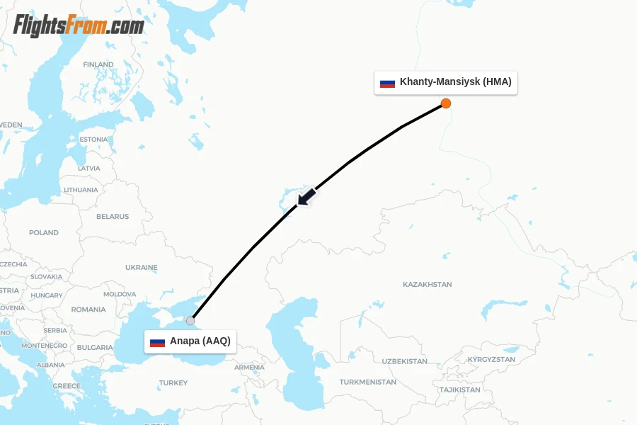 Flights from Khanty-Mansiysk to Anapa route map