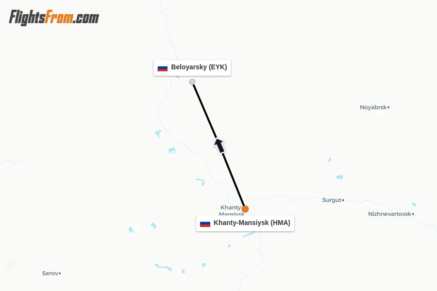Flights from Khanty-Mansiysk to Beloyarsky route map