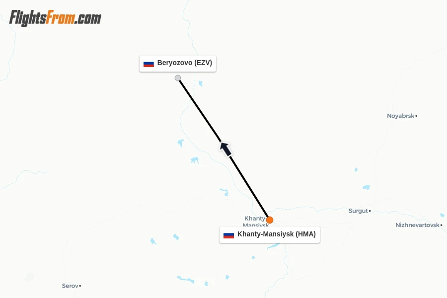 Flights from Khanty-Mansiysk to Beryozovo route map