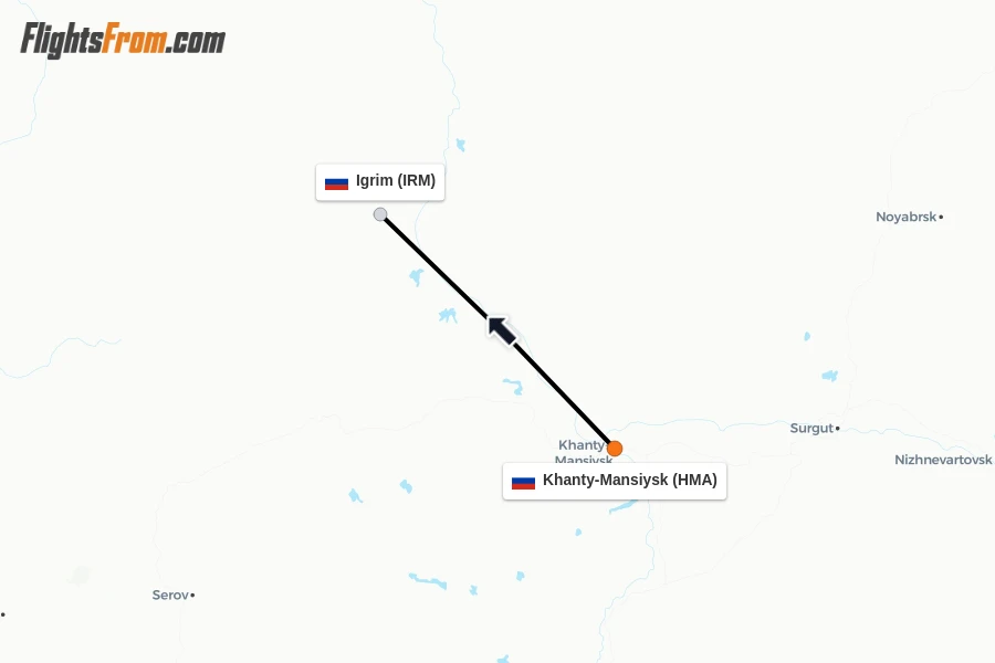 Flights from Khanty-Mansiysk to Igrim route map