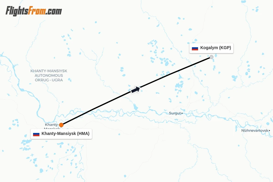 Flights from Khanty-Mansiysk to Kogalym route map
