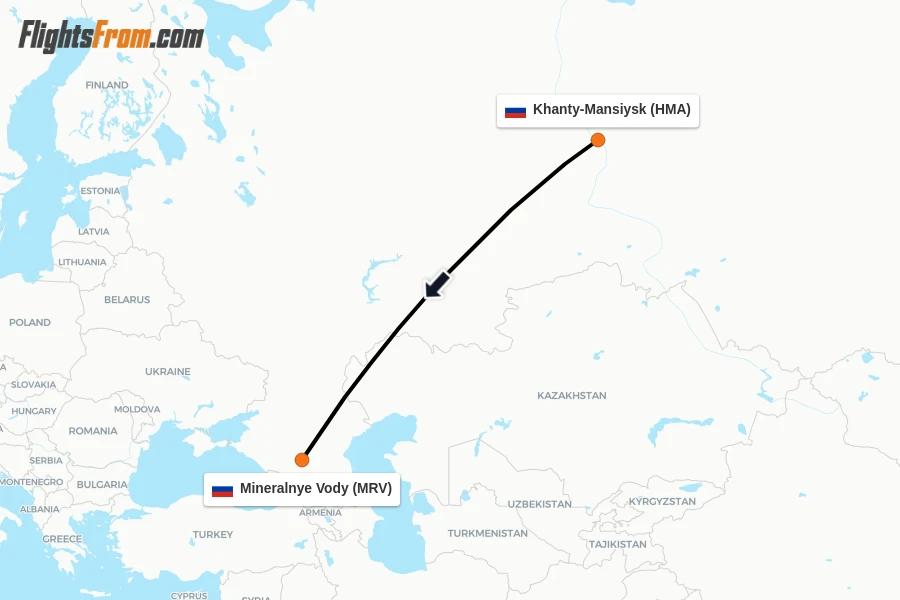 Flights from Khanty-Mansiysk to Mineralnye Vody route map