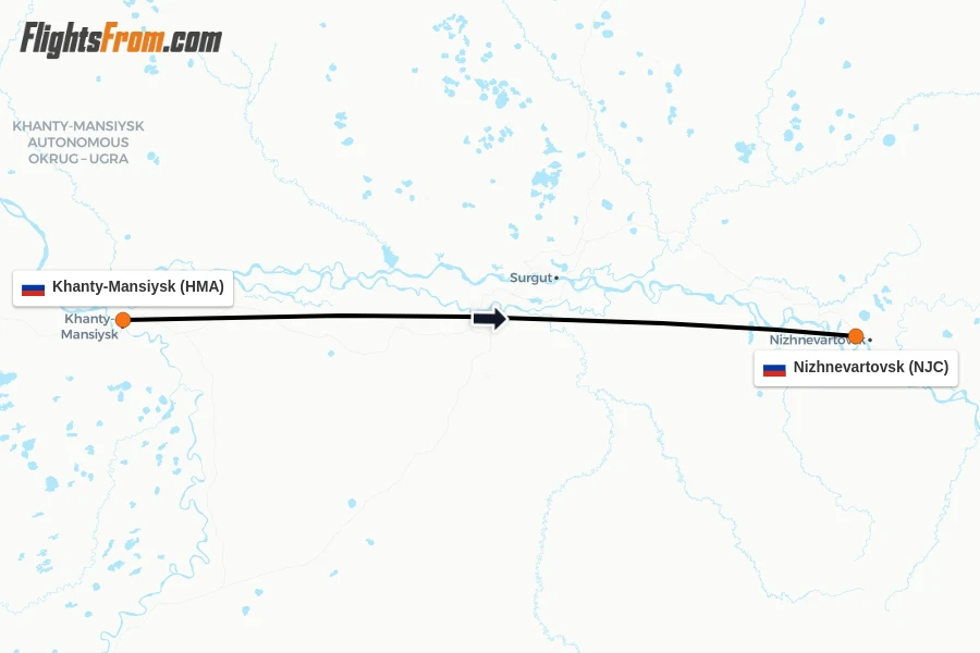 Flights from Khanty-Mansiysk to Nizhnevartovsk route map