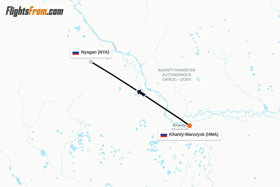 Flights from Khanty-Mansiysk to Nyagan route map