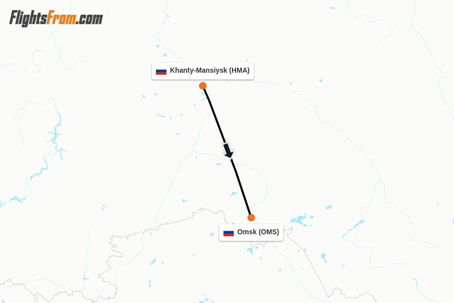 Flights from Khanty-Mansiysk to Omsk route map
