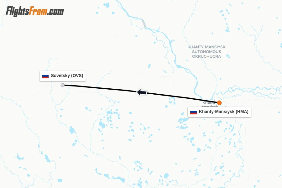 Flights from Khanty-Mansiysk to Sovetsky route map