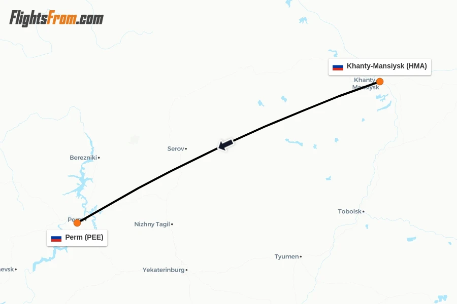 Flights from Khanty-Mansiysk to Perm route map