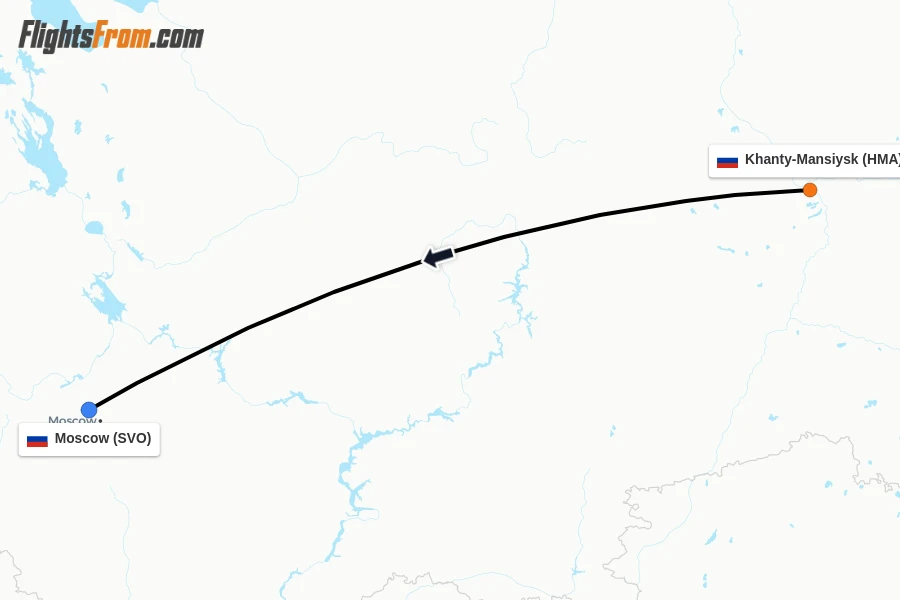 Flights from Khanty-Mansiysk to Moscow route map