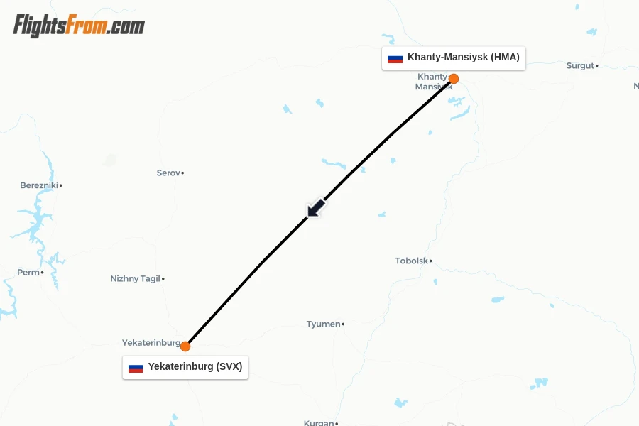 Flights from Khanty-Mansiysk to Yekaterinburg route map