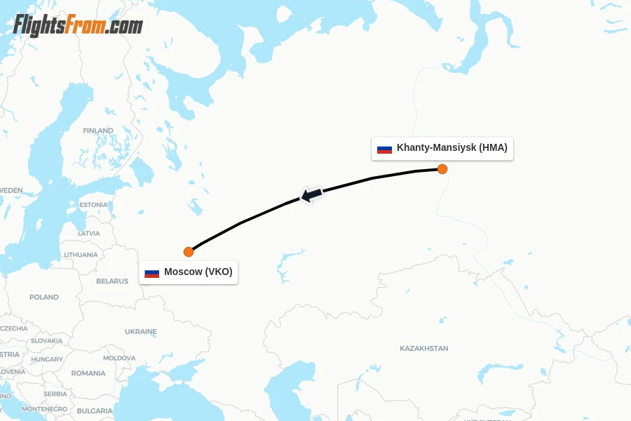 Flights from Khanty-Mansiysk to Moscow route map