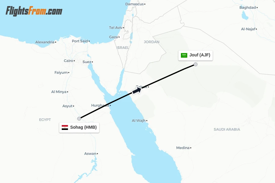 Flights from Sohag to Jouf route map