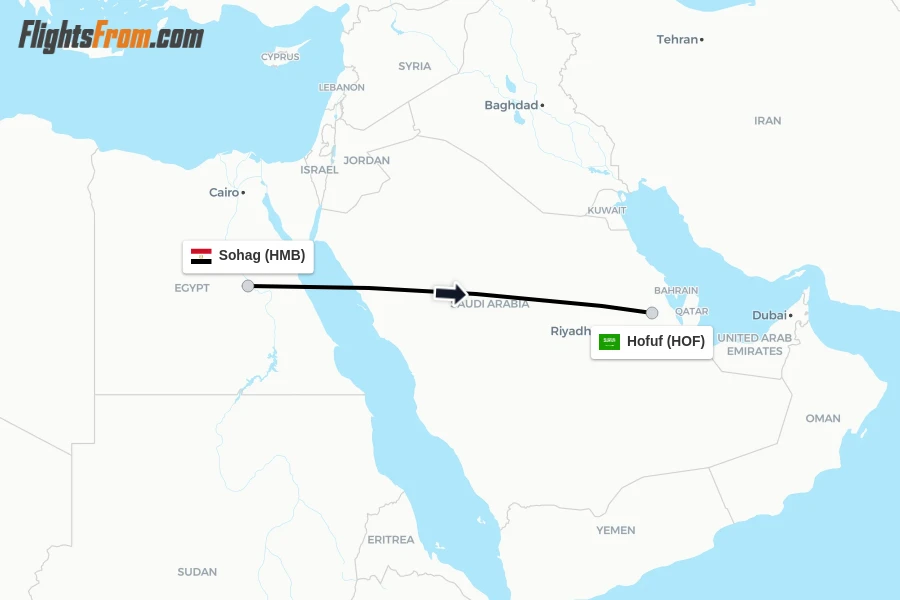 Flights from Sohag to Hofuf route map