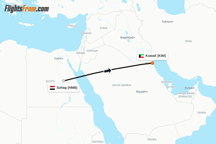 Flights from Sohag to Kuwait route map