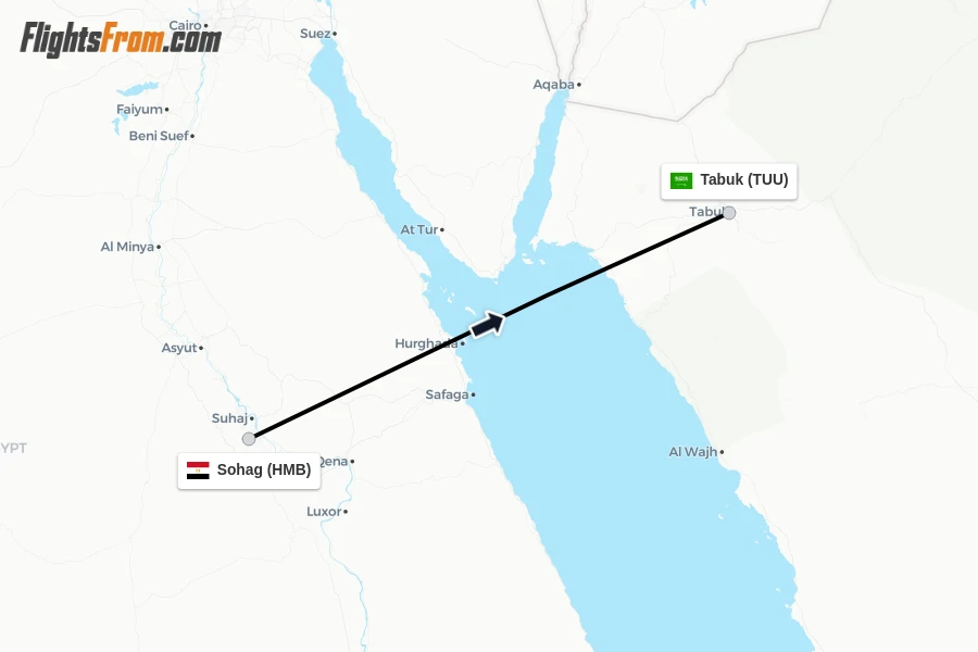 Flights from Sohag to Tabuk route map