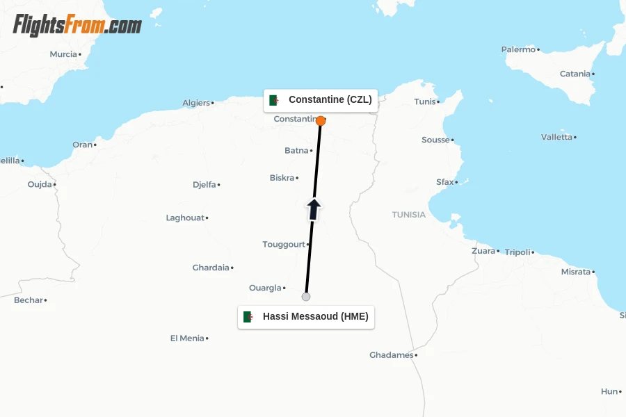 Flights from Hassi Messaoud to Constantine route map