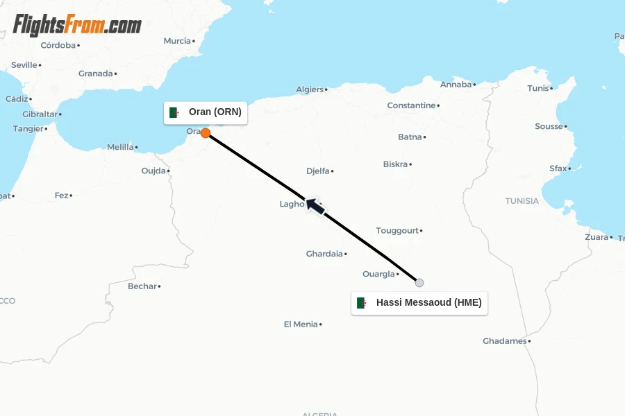 Flights from Hassi Messaoud to Oran route map