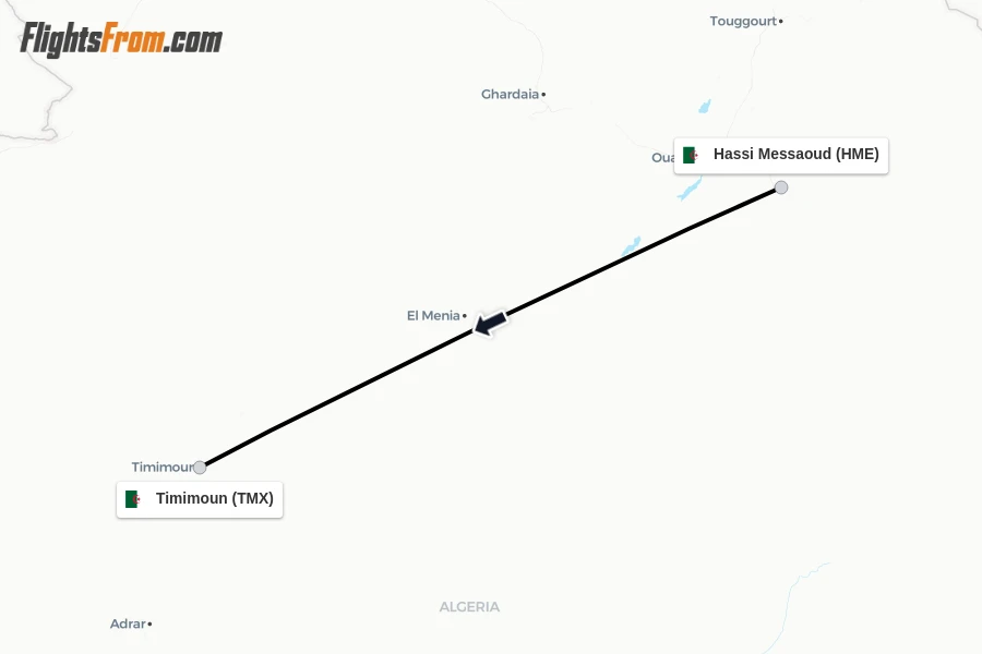 Flights from Hassi Messaoud to Timimoun route map