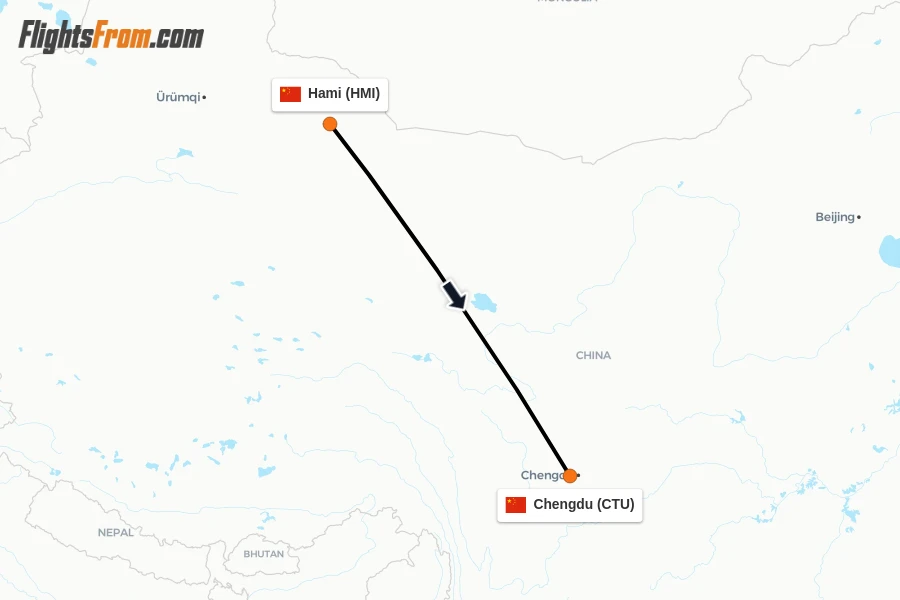 Flights from Hami to Chengdu route map