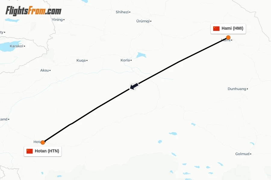 Flights from Hami to Hotan route map