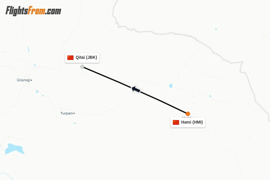 Flights from Hami to Qitai route map