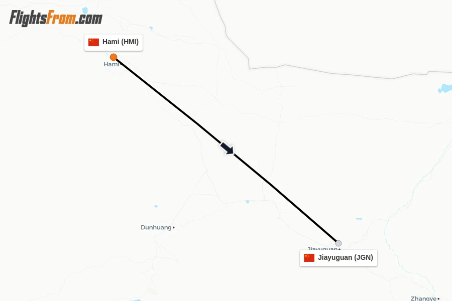 Flights from Hami to Jiayuguan route map