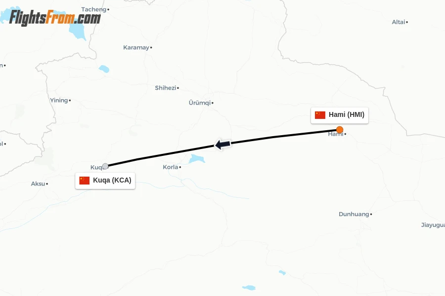 Flights from Hami to Kuqa route map