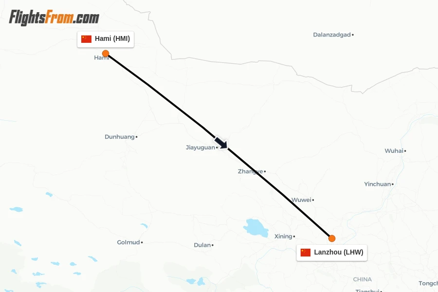 Flights from Hami to Lanzhou route map
